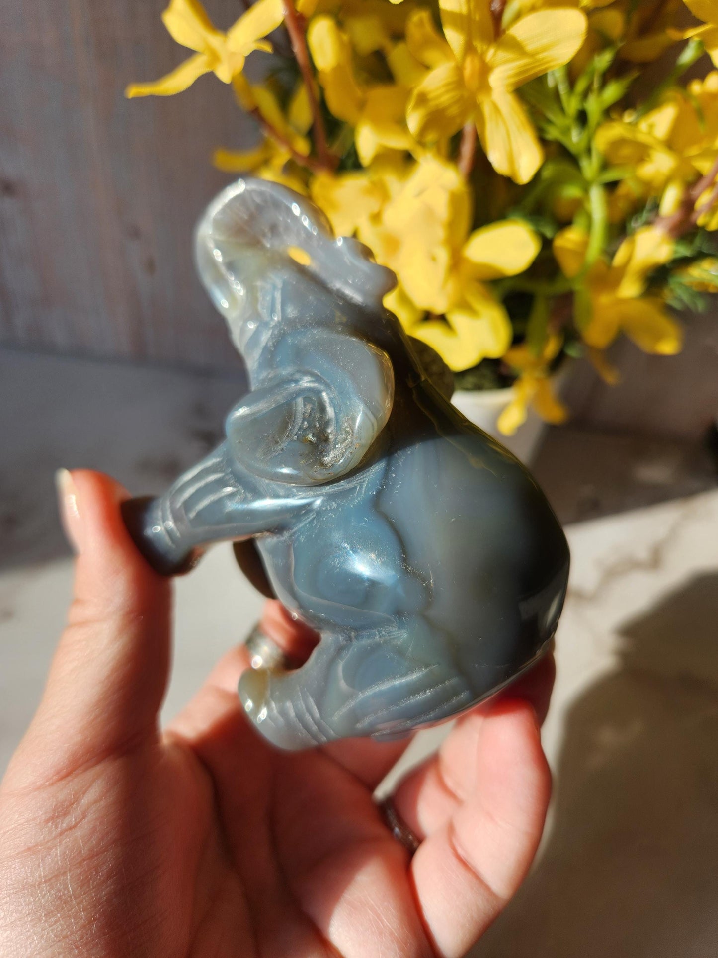 Beautiful hand carved elephant, dark blue gray agate with a sparkly quartz druzy pocket, natural, pretty banding