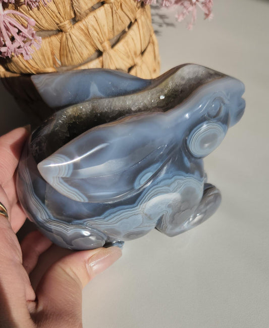 Beautiful hand carved agate bunny with a sparkly amethyst druzy, natural, amazing banding with orbs/eye, quartz