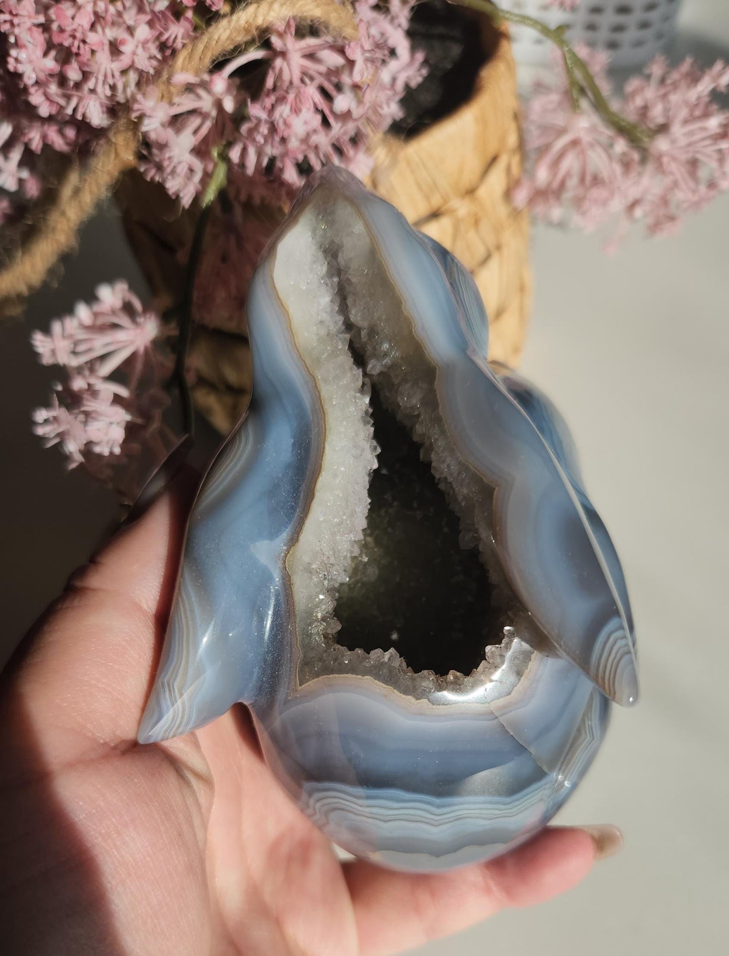 Beautiful hand carved agate bunny with a sparkly amethyst druzy, natural, amazing banding with orbs/eye, quartz