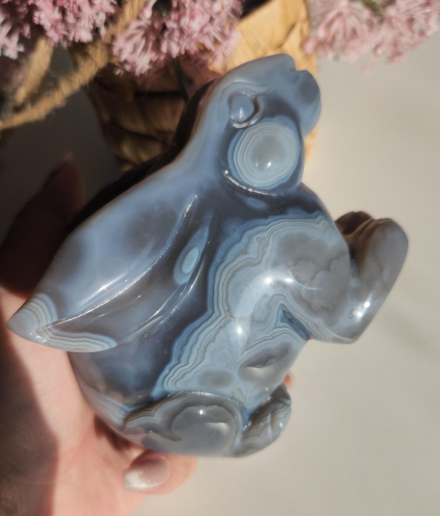 Beautiful hand carved agate bunny with a sparkly amethyst druzy, natural, amazing banding with orbs/eye, quartz