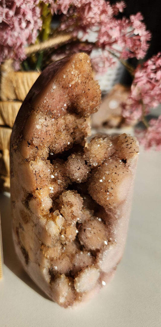Beautiful large pink amethyst freefrom with sparkly bubble druzy from Brazil, bubble formations