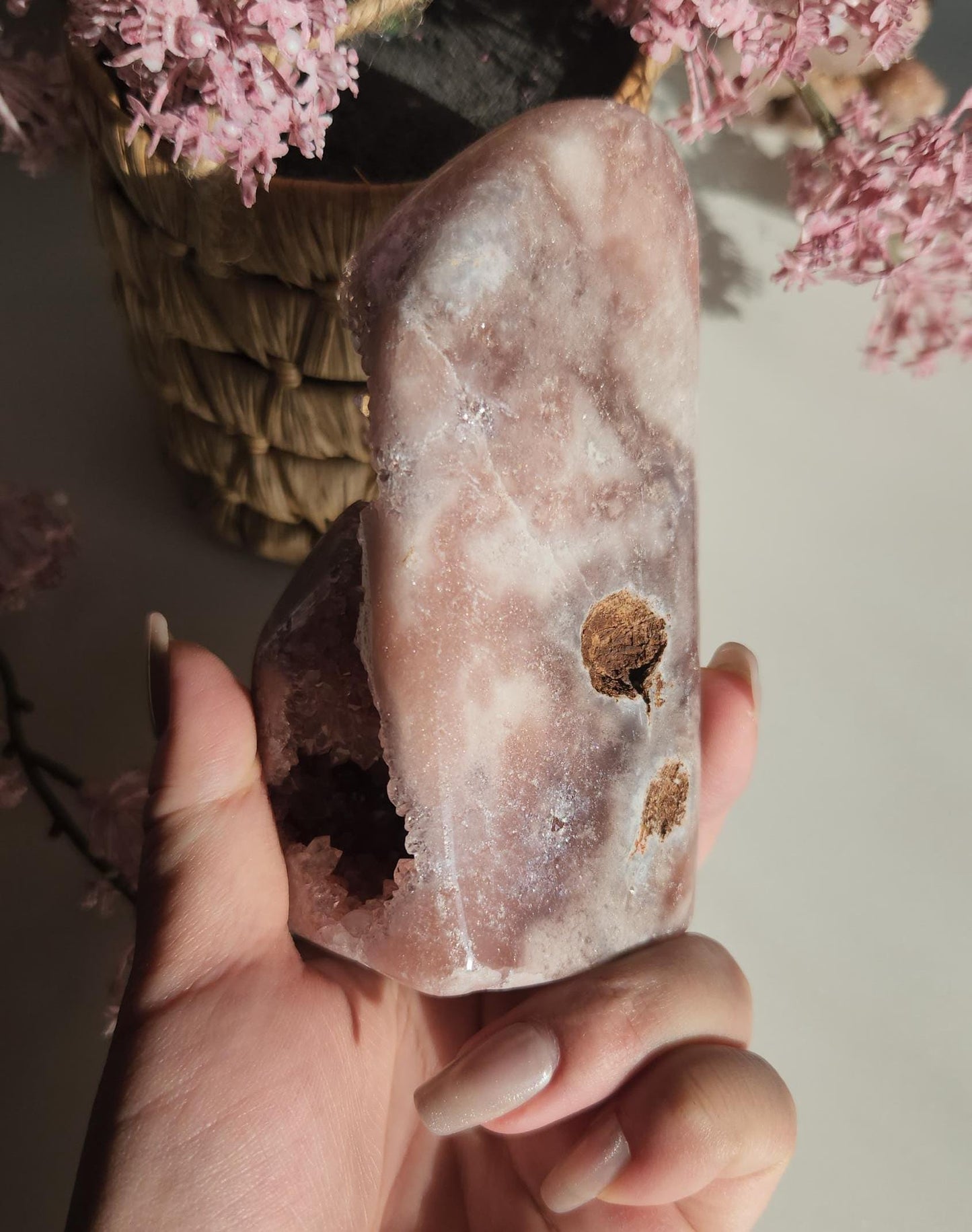 High quality large pink amethyst freefrom with sparkly druzy from Brazil