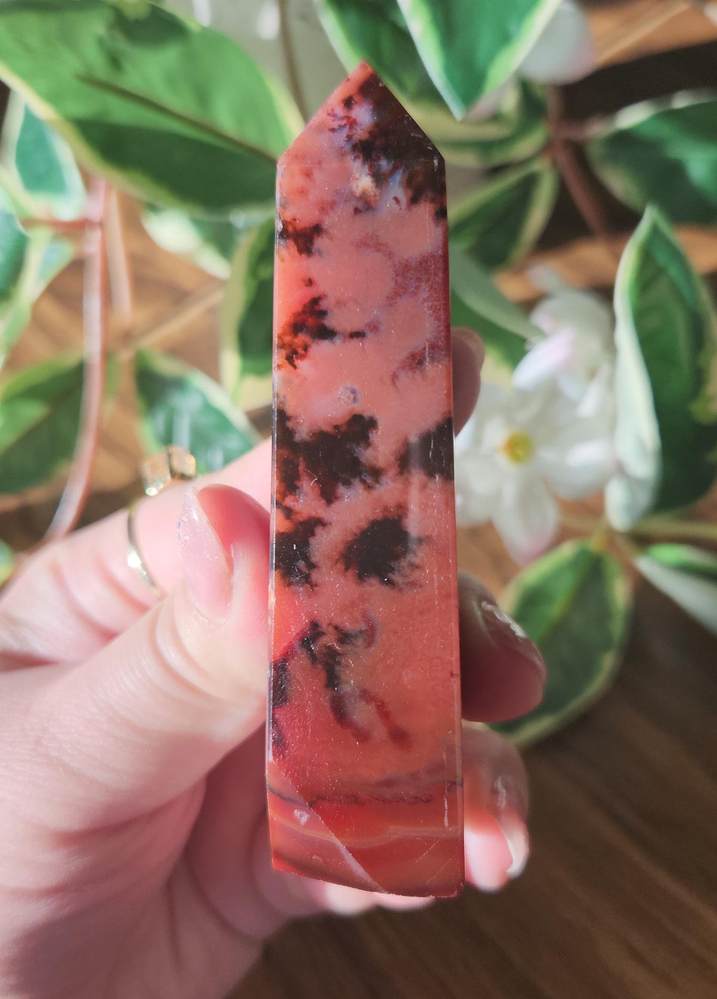 Red druzy carnelian tower with beautiful banding and unique patterns from Brazil, natural