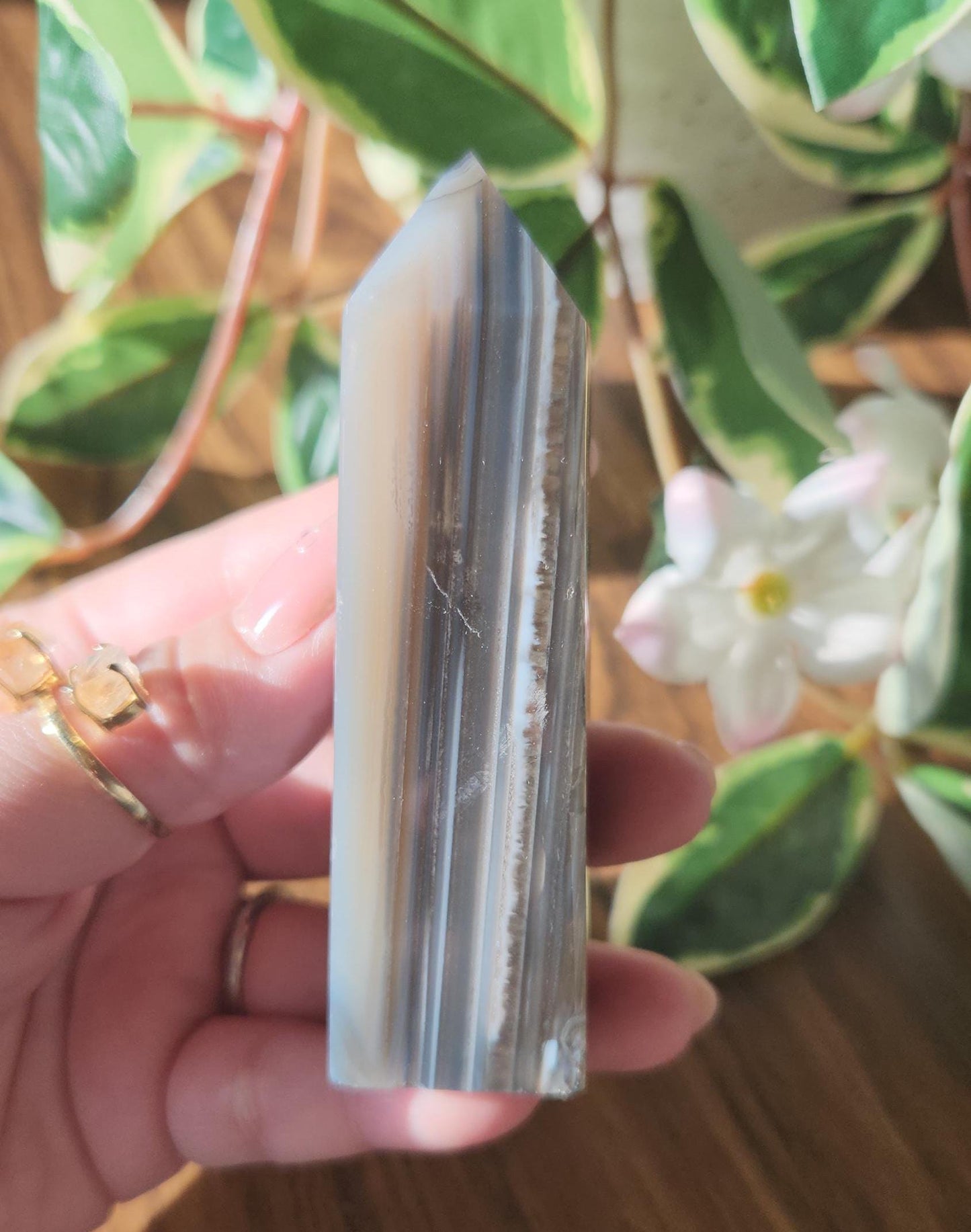 Rare blue carnelian tower with chalcedony, beautiful banding and unique patterns from Brazil, natural