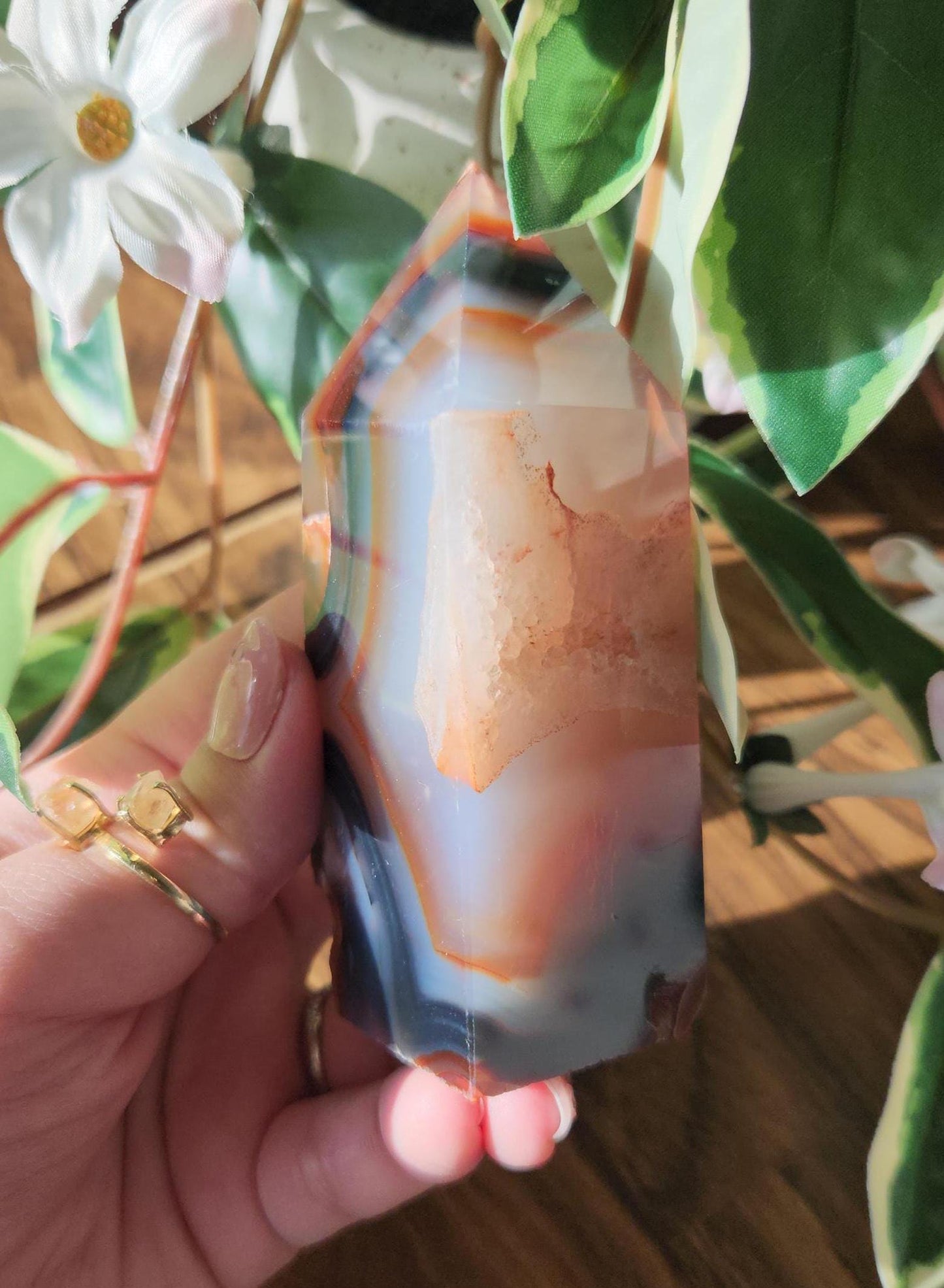 Rare carnelian tower with blue chalcedony, beautiful banding and unique pattern from Brazil, natural