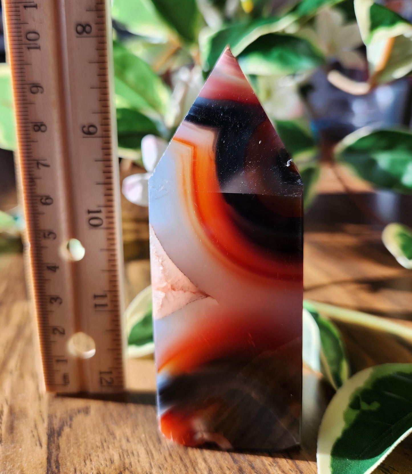 Rare carnelian tower with blue chalcedony, beautiful banding and unique pattern from Brazil, natural