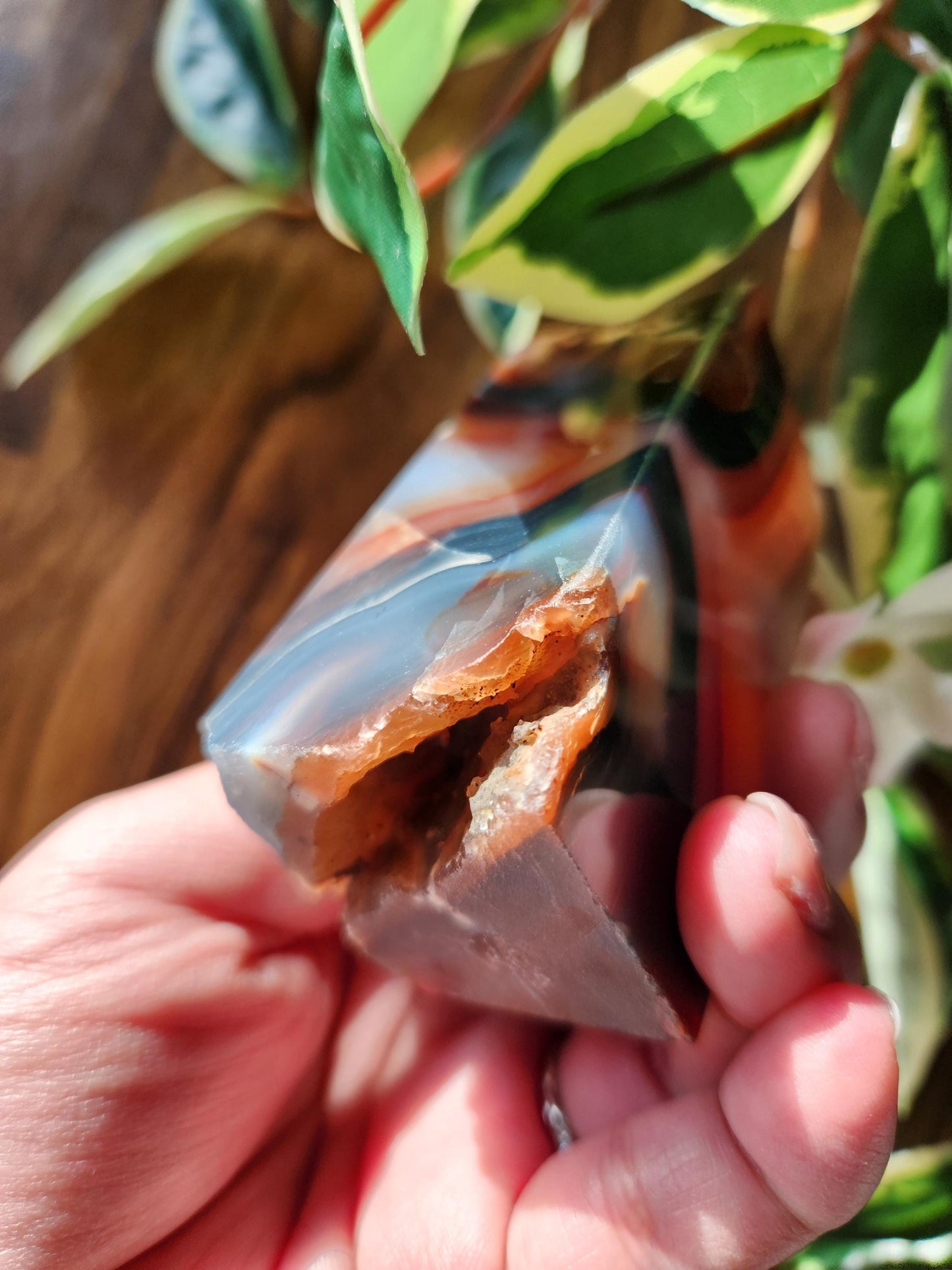Rare carnelian tower with blue chalcedony, beautiful banding and unique pattern from Brazil, natural