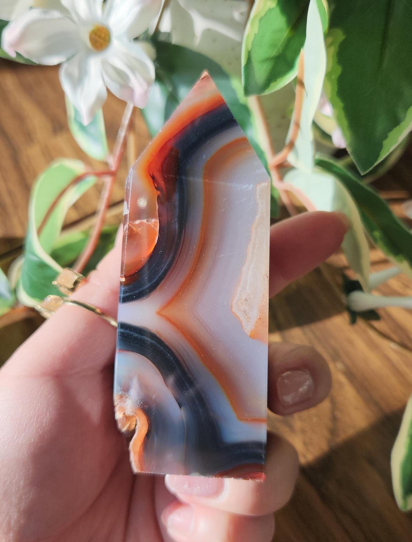 Rare carnelian tower with blue chalcedony, beautiful banding and unique pattern from Brazil, natural