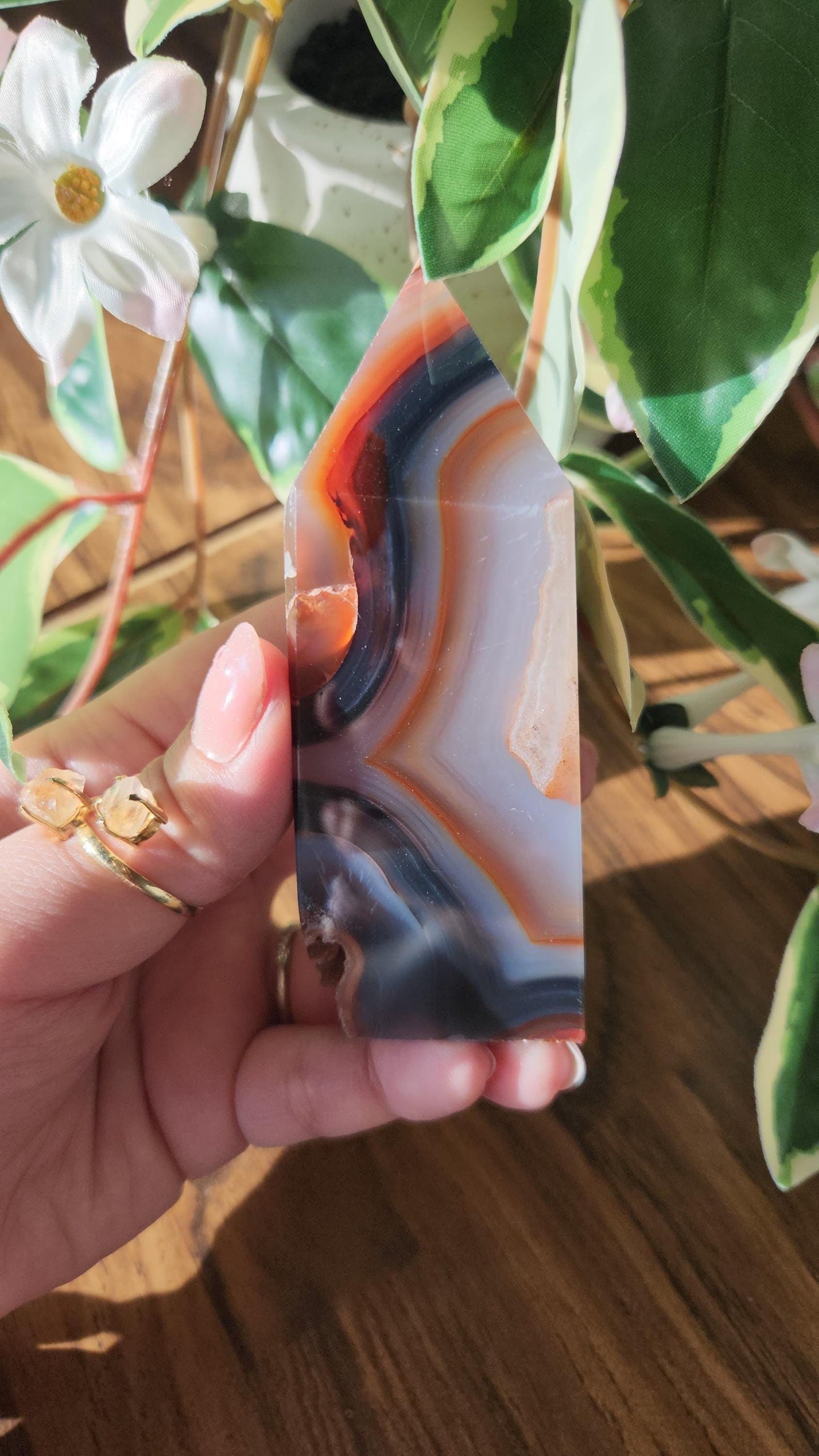 Rare carnelian tower with blue chalcedony, beautiful banding and unique pattern from Brazil, natural
