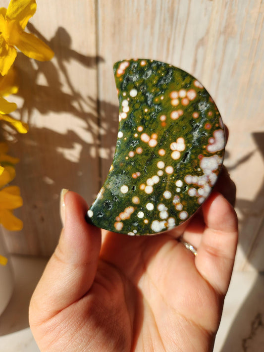 Pretty ocean jasper moon with sparkly druzy and beautiful colors