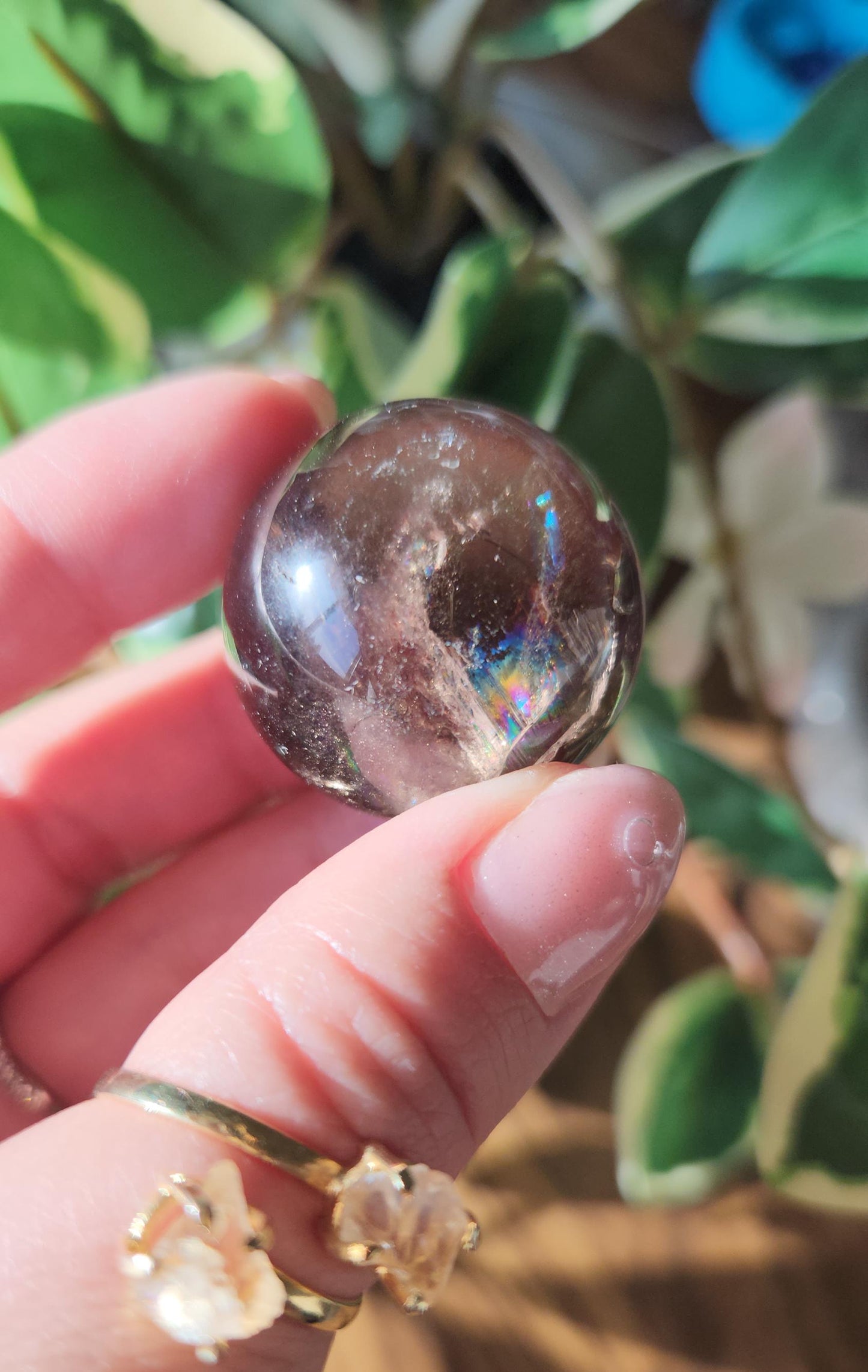 High quality natural dark smoky quartz sphere with amazing rainbows