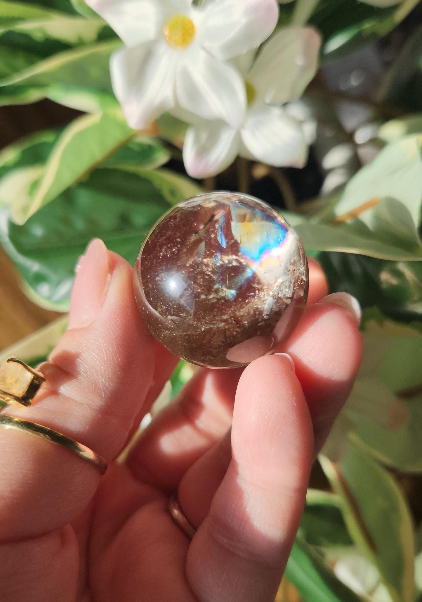 High quality natural smoky quartz sphere with amazing rainbows