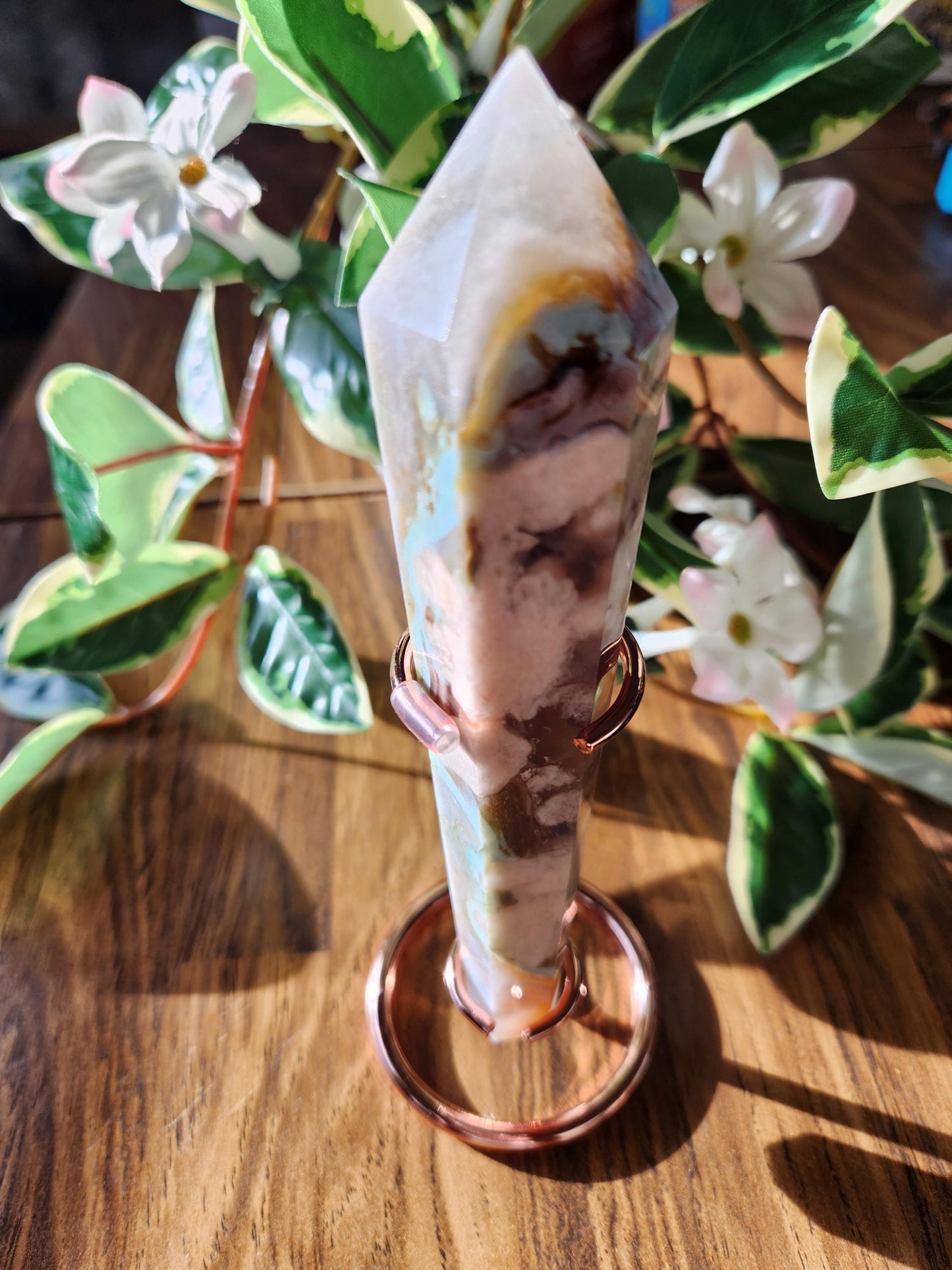 Beautiful green flower agate wand with stand