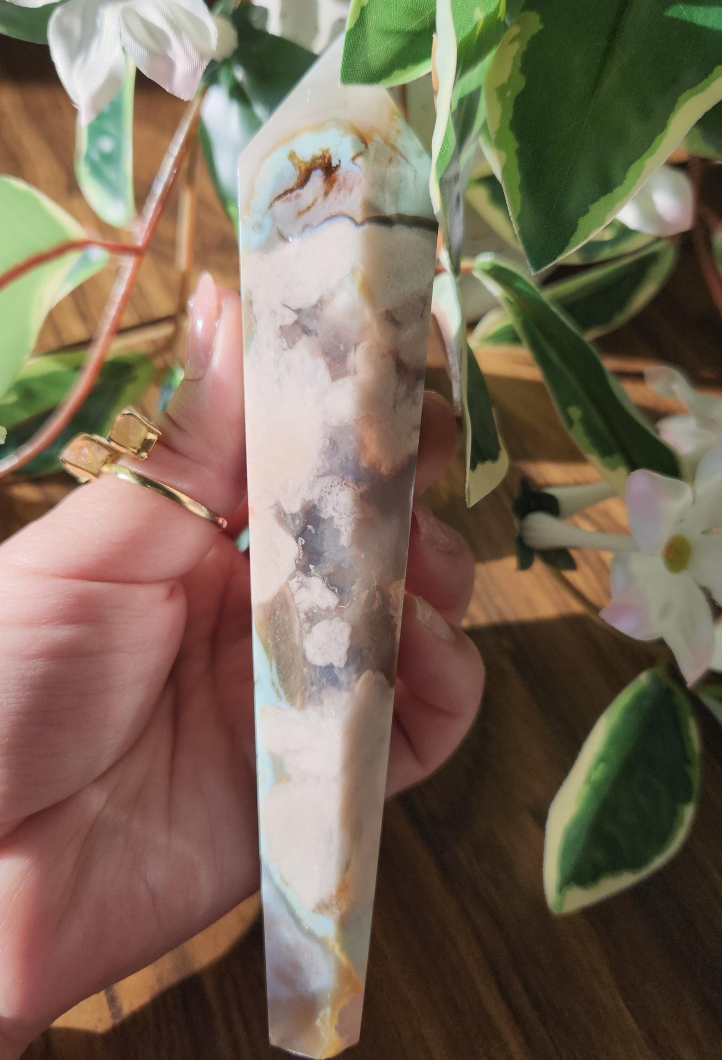 Beautiful green flower agate wand with stand