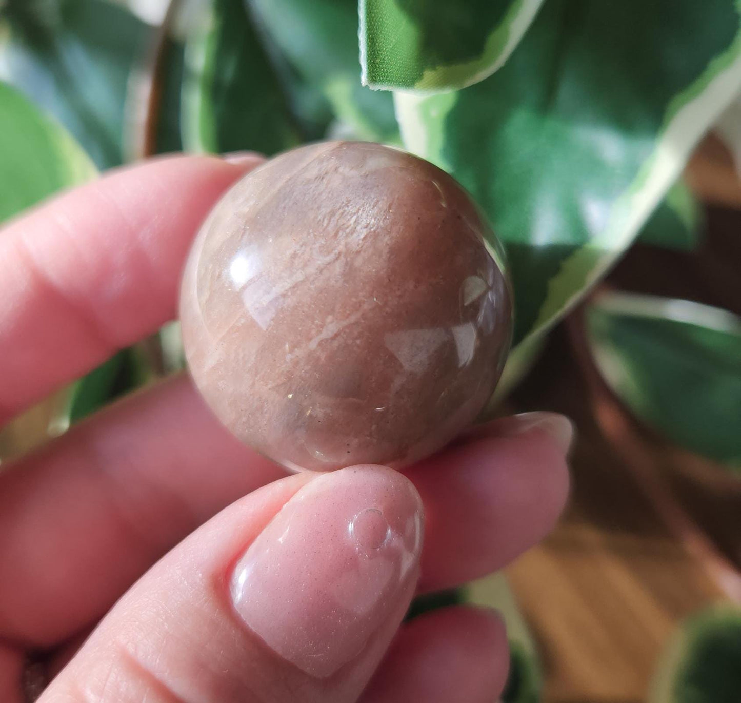 Beautiful peach moonstone sphere with a nice flash