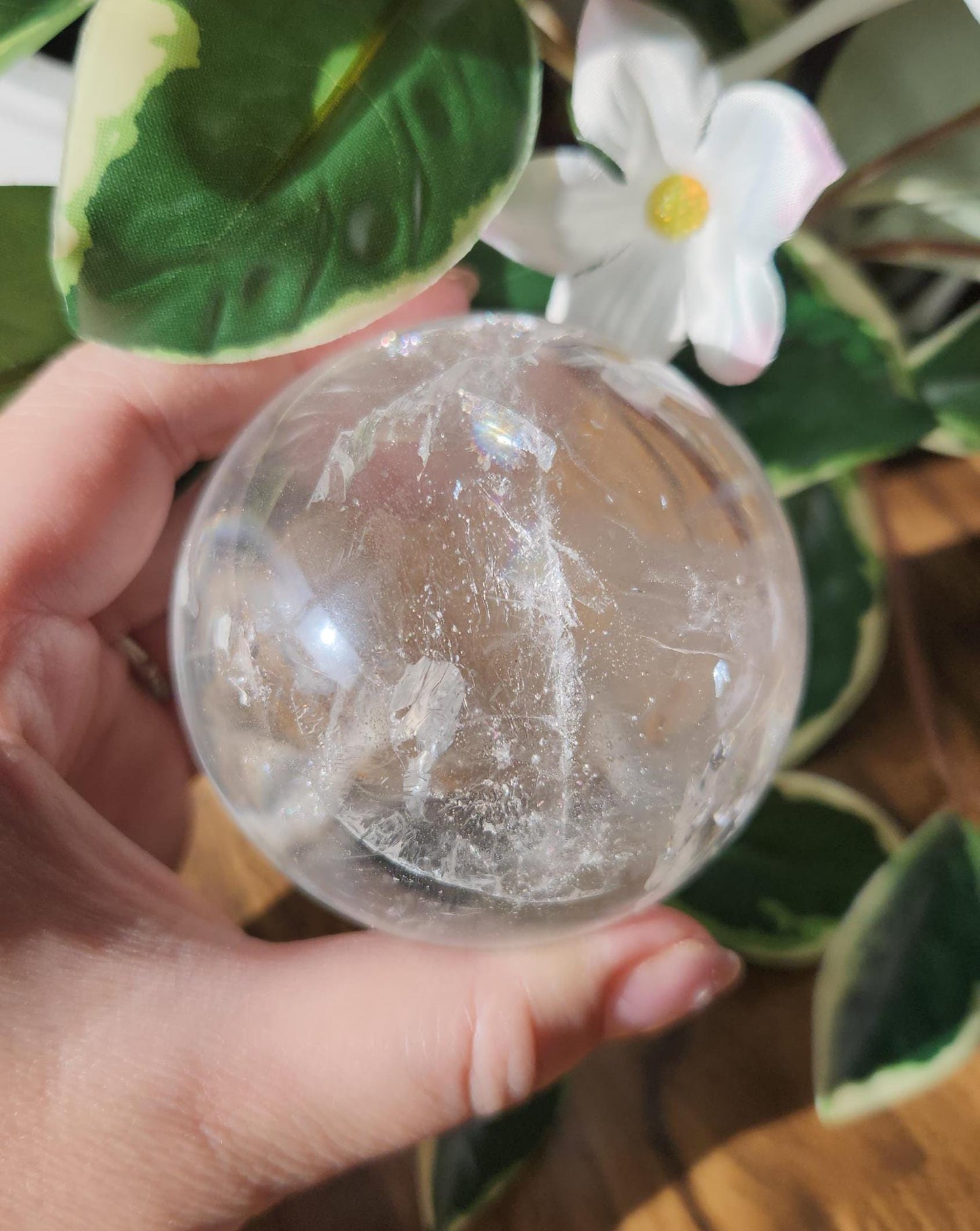 High quality lemurian clear quartz sphere with rainbows and inclusions, from the Tocantins mine in Brazil, authentic lemurian 146L  67.1mm