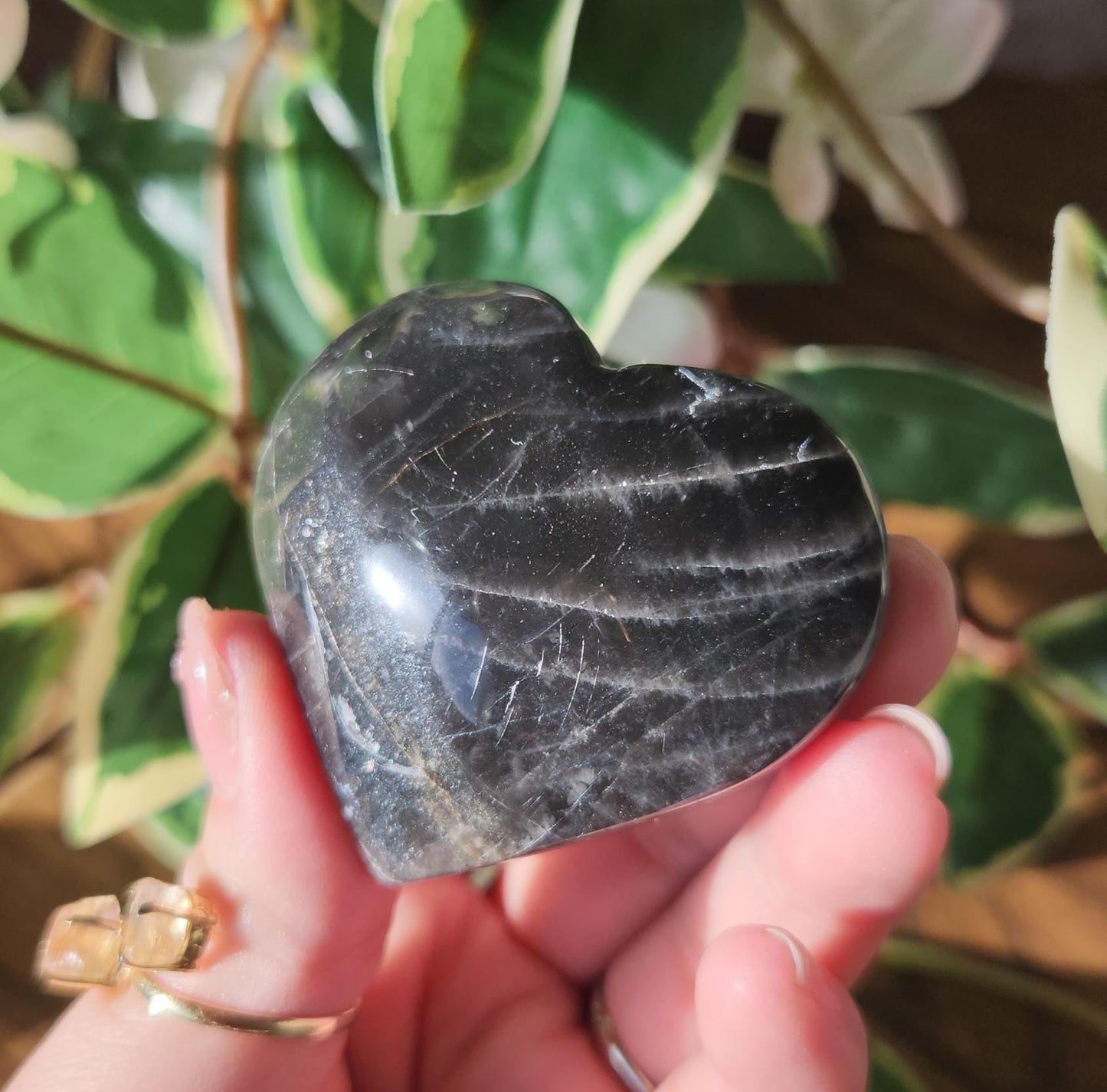 Beautiful black moonstone heart with a nice flash