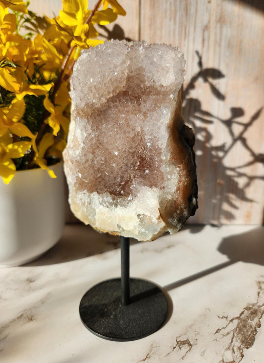 Gorgeous light pink rainbow amethyst on stand, natural unpolished rainbow amethyst