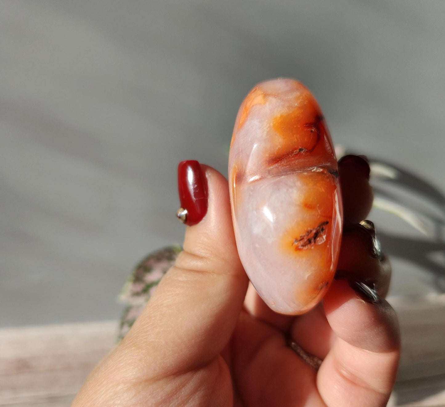 Beautiful carnelian heart carving from Madagascar with pretty patterns, natural