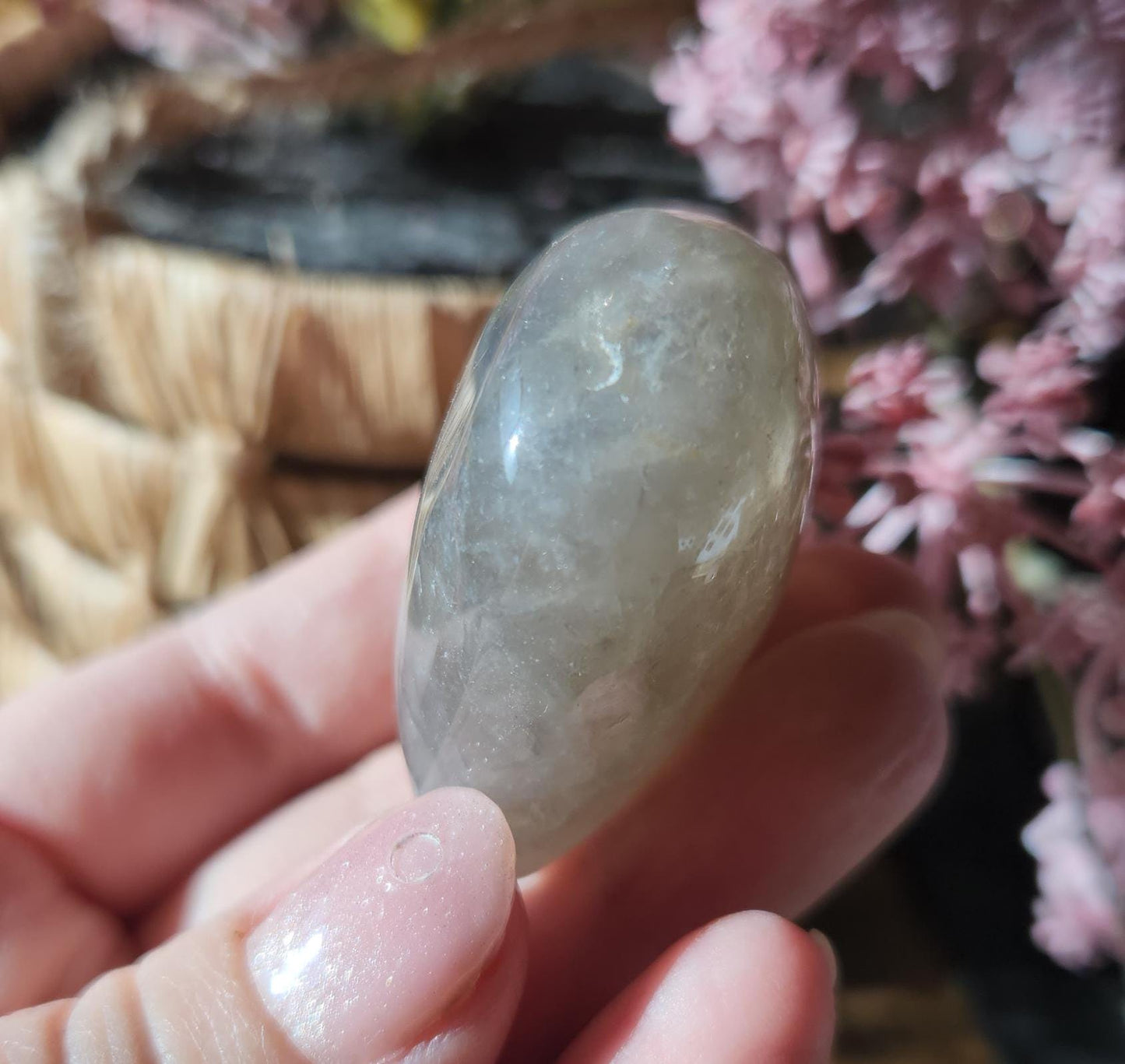Pretty blue rose quartz heart with inclusions and rainbows