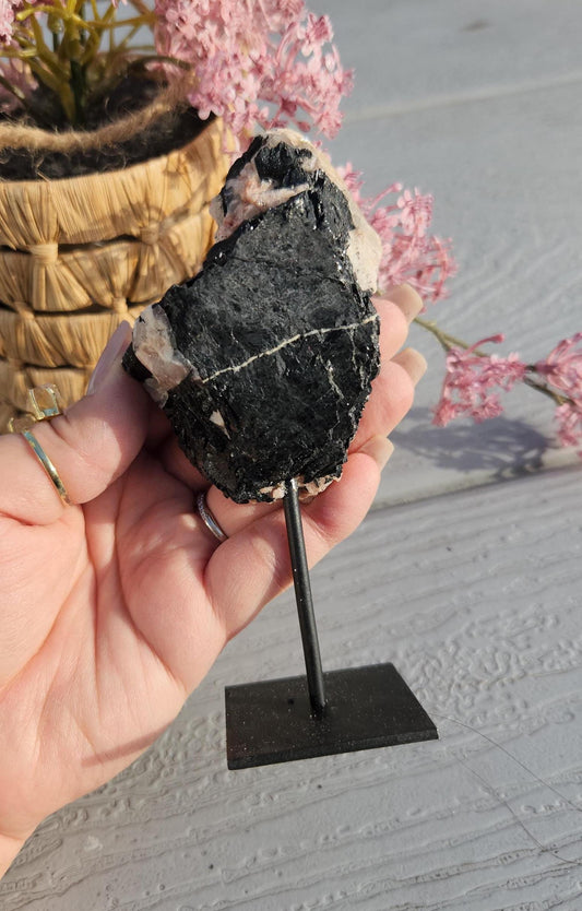Amazing raw black tourmaline with cleavelandite and bits of quartz on stand, protection and grounding
