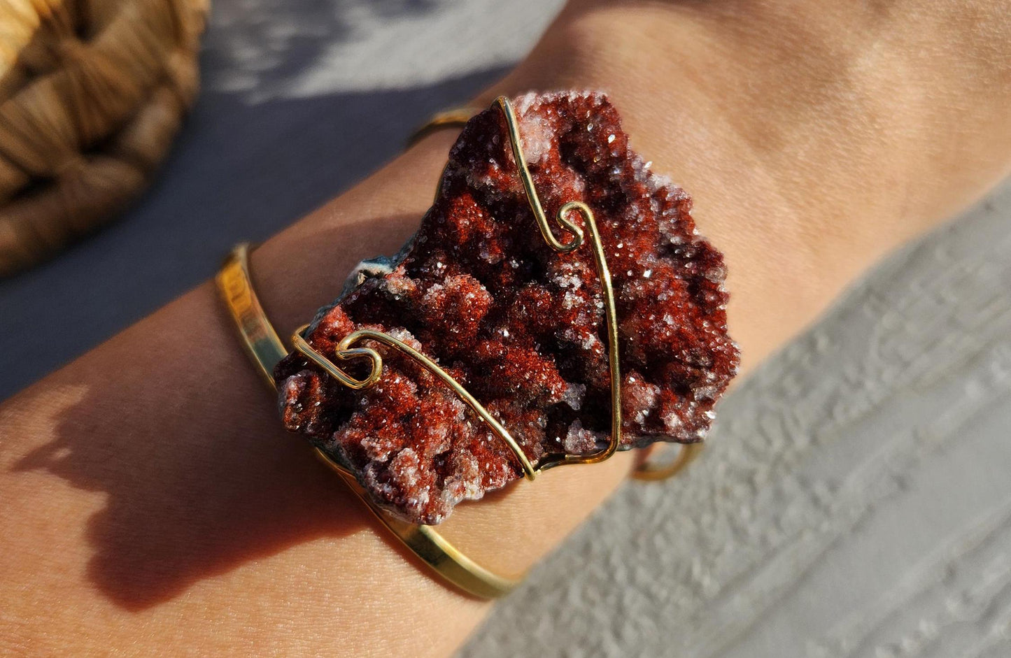 AAA rich red pink amethyst cluster bracelet bangle, sparkly pink amethyst from Brazil, gold  electroplated, adjustable