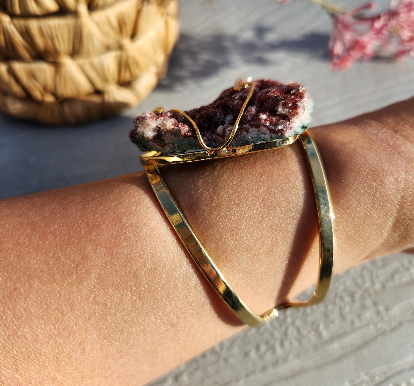 AAA rich red pink amethyst cluster bracelet bangle, sparkly pink amethyst from Brazil, gold  electroplated, adjustable