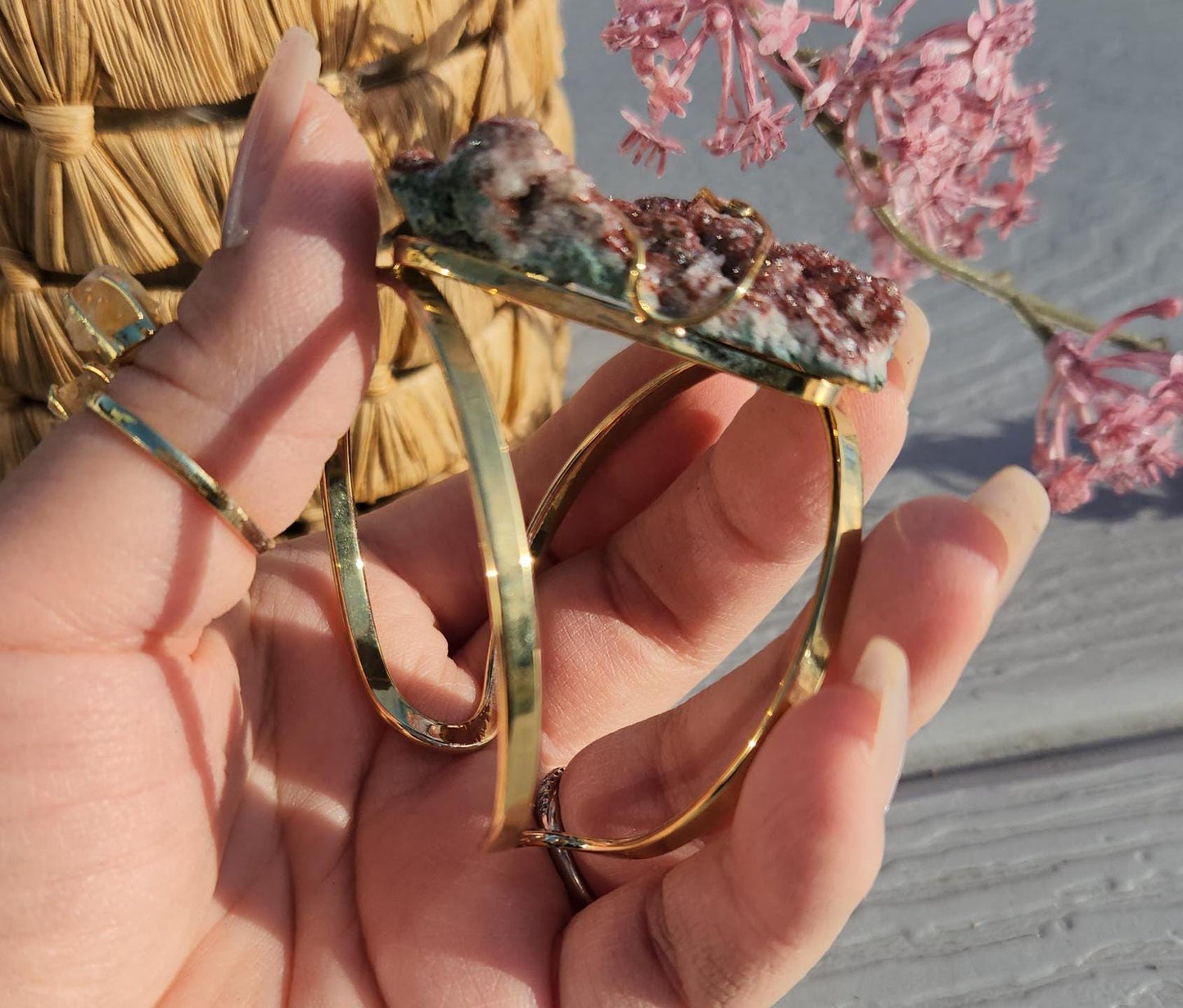AAA rich red pink amethyst cluster bracelet bangle, sparkly pink amethyst from Brazil, gold  electroplated, adjustable