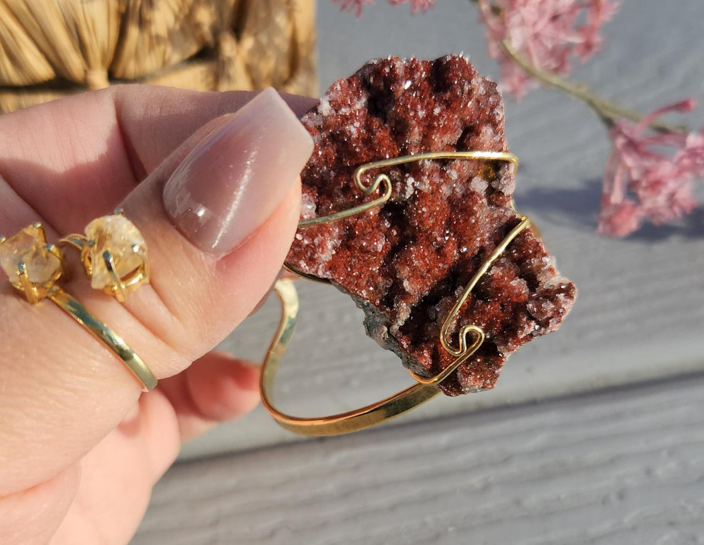 AAA rich red pink amethyst cluster bracelet bangle, sparkly pink amethyst from Brazil, gold  electroplated, adjustable
