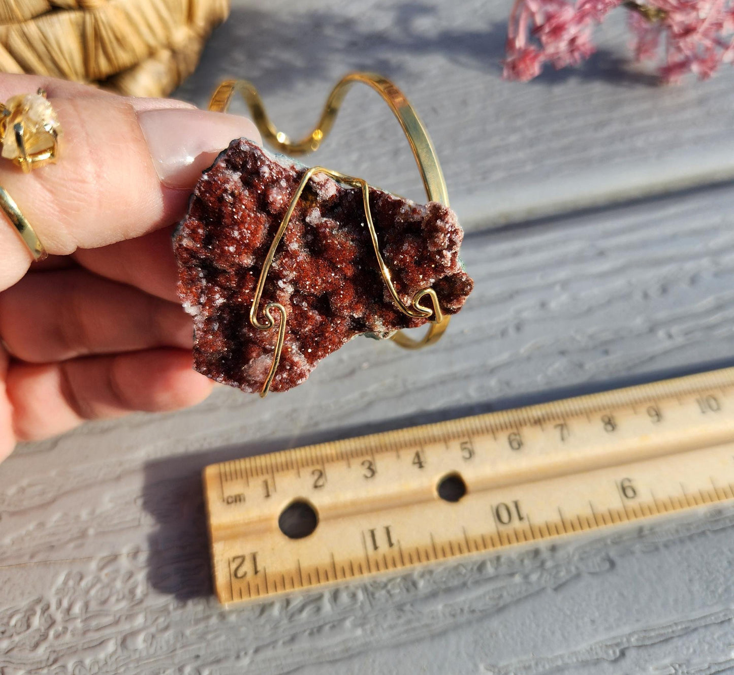 AAA rich red pink amethyst cluster bracelet bangle, sparkly pink amethyst from Brazil, gold  electroplated, adjustable