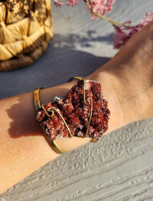 AAA rich red pink amethyst cluster bracelet bangle, sparkly pink amethyst from Brazil, gold  electroplated, adjustable