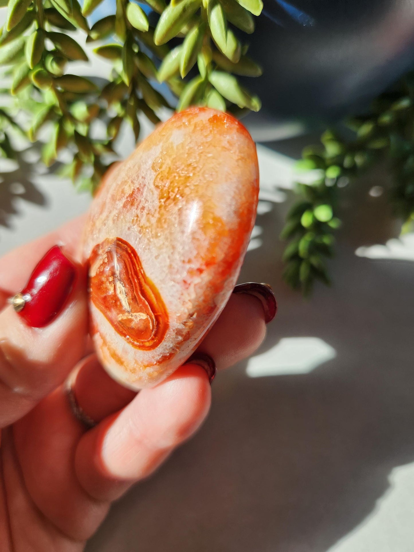 Amazing carnelian heart carving from Madagascar with quartz, and pretty patterns, natural carnelian