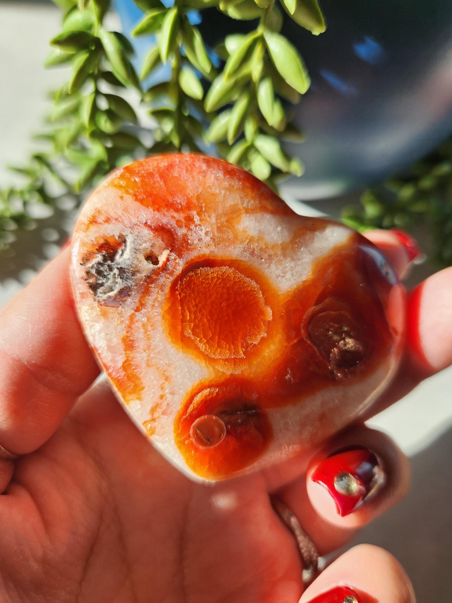 Amazing carnelian heart carving from Madagascar with quartz, and pretty patterns, natural carnelian