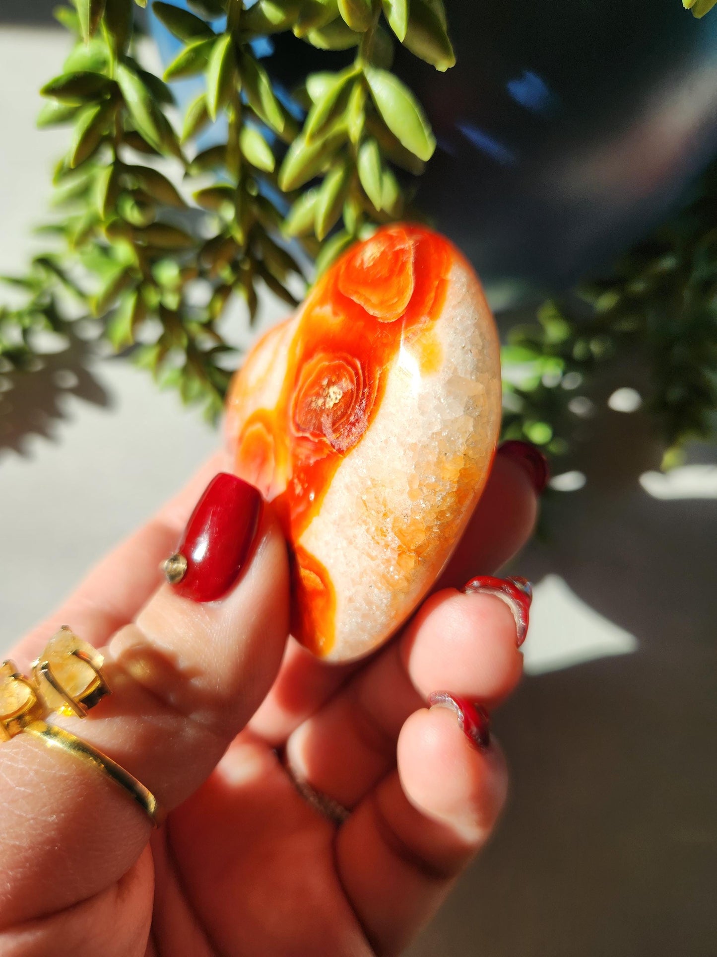 Amazing carnelian heart carving from Madagascar with quartz, and pretty patterns, natural carnelian