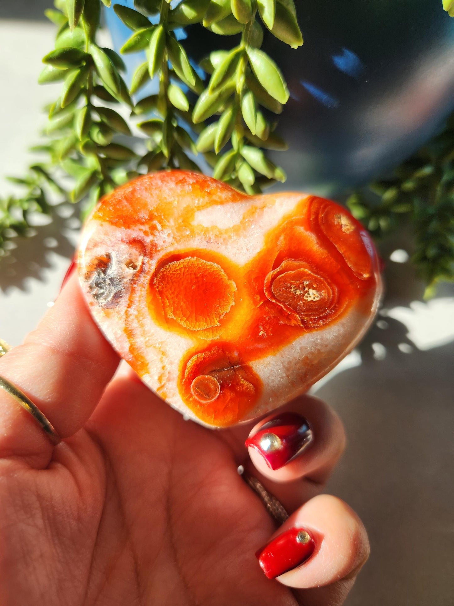 Amazing carnelian heart carving from Madagascar with quartz, and pretty patterns, natural carnelian