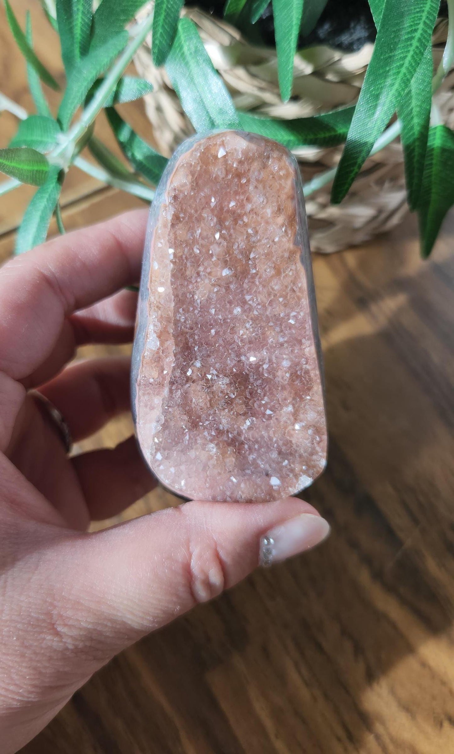 Peachy pink rainbow amethyst with quartz and a beautiful layer of blue agate, cut base, Uruguay amethyst, natural color