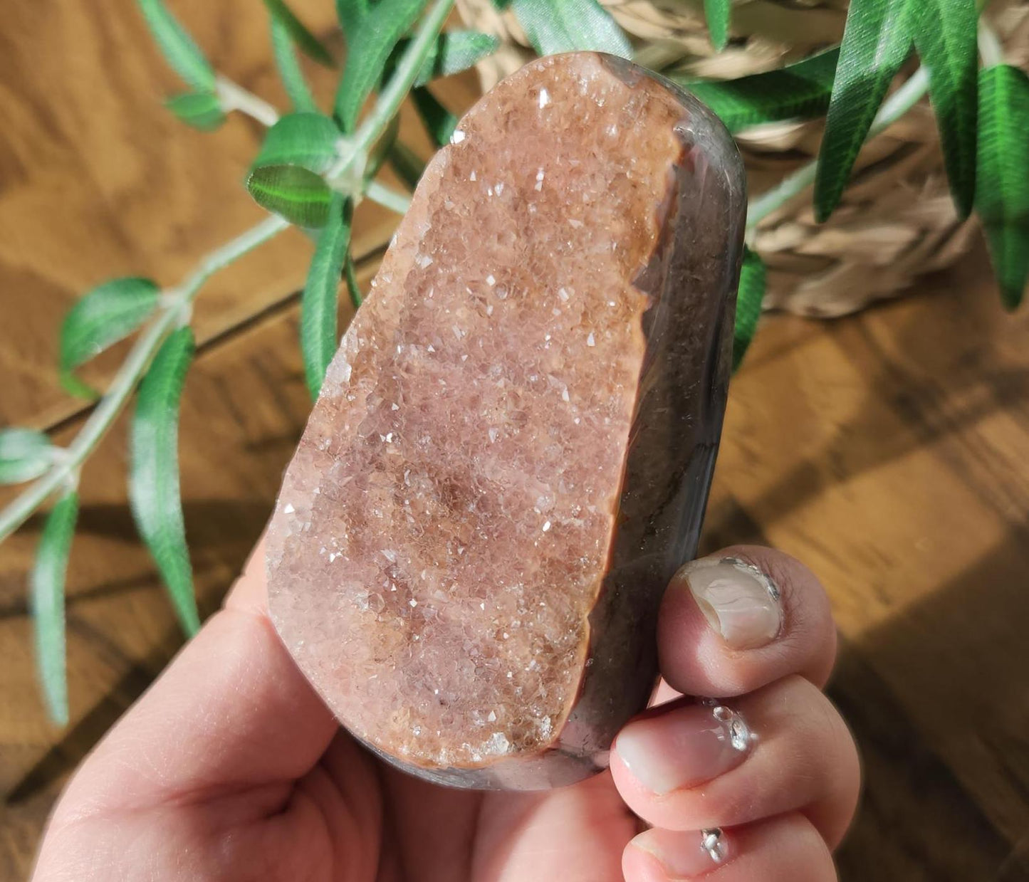 Peachy pink rainbow amethyst with quartz and a beautiful layer of blue agate, cut base, Uruguay amethyst, natural color