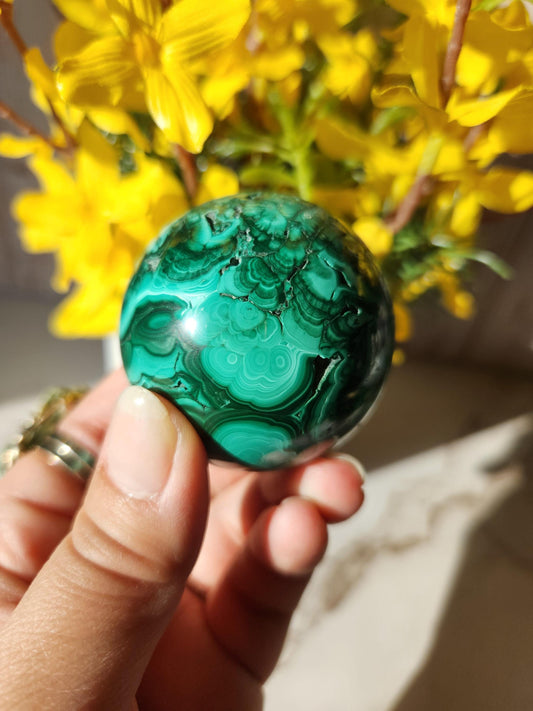 Beautiful natural malachite sphere with druzy and stunning orbs and flower patterns, no fillers 49mm