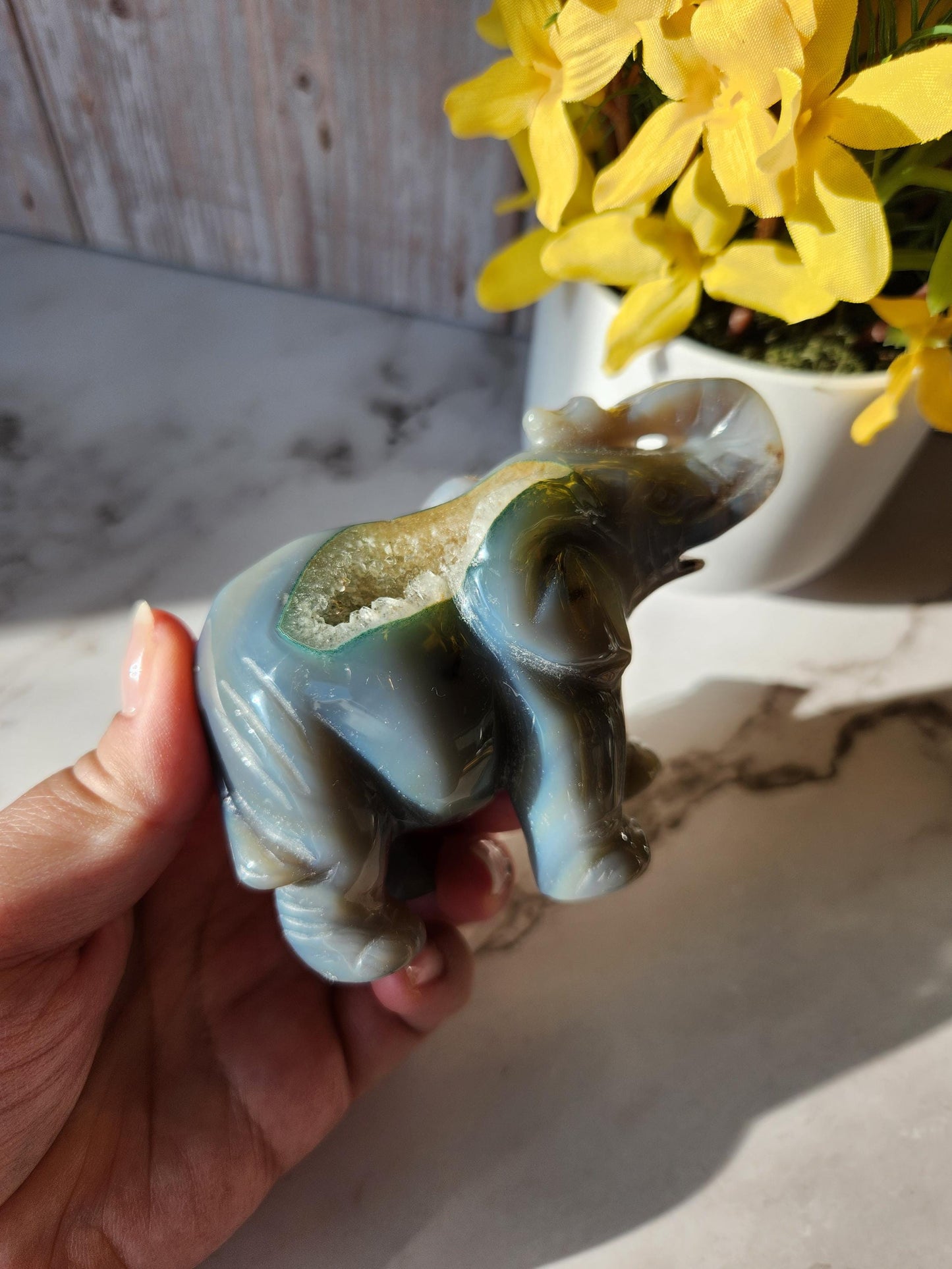 Beautiful hand carved elephant, dark blue gray agate with a sparkly quartz druzy pocket, natural, pretty banding