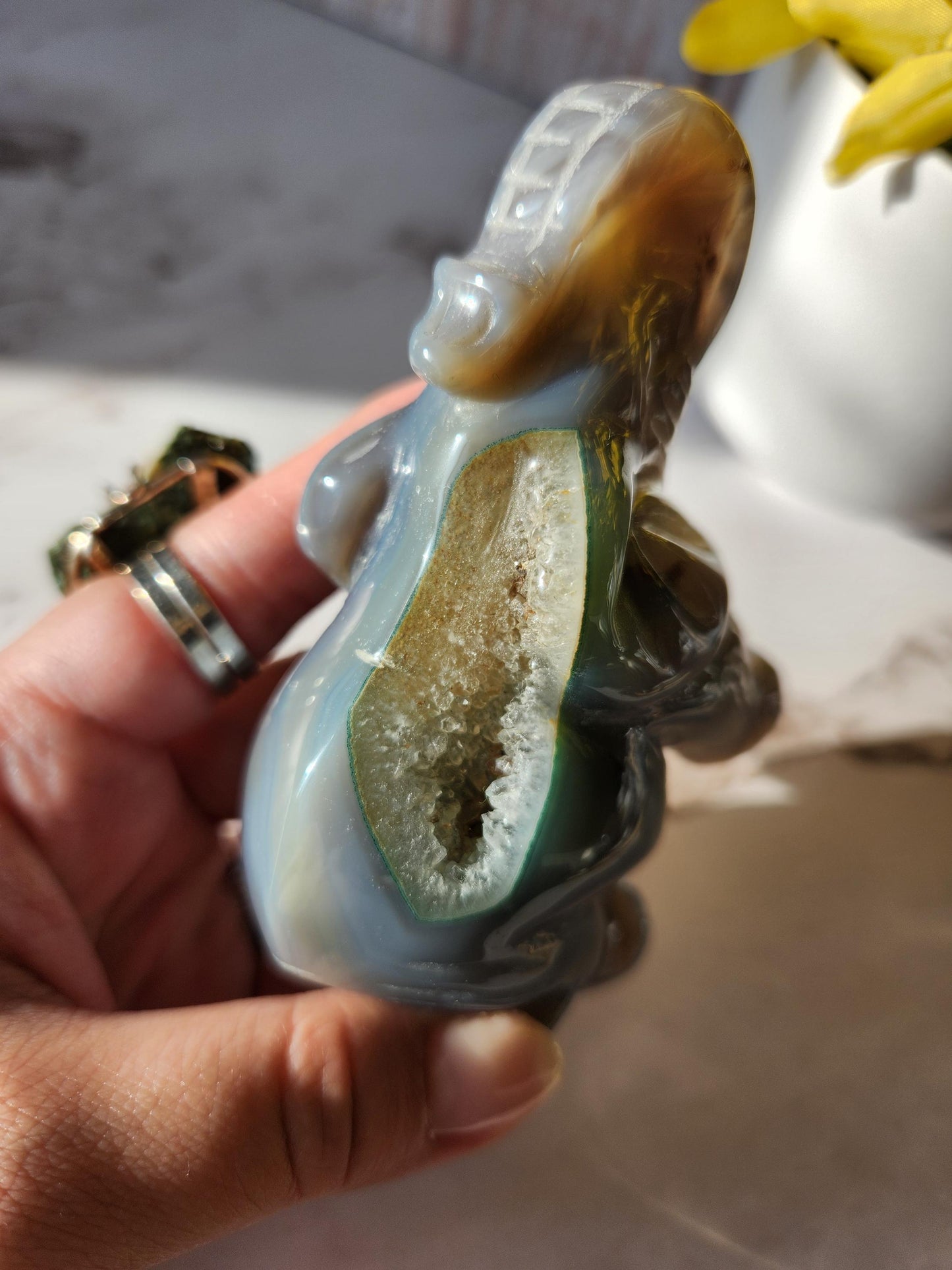 Beautiful hand carved elephant, dark blue gray agate with a sparkly quartz druzy pocket, natural, pretty banding