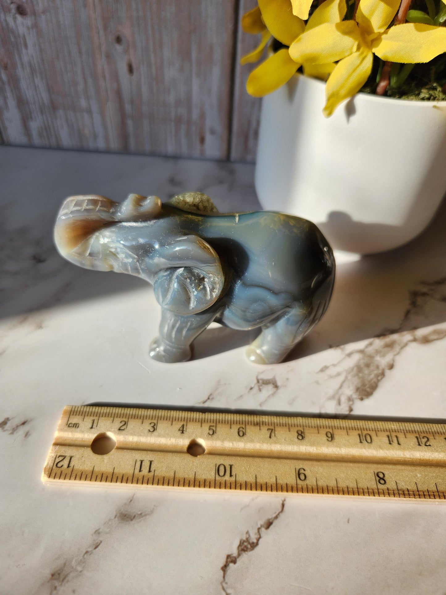 Beautiful hand carved elephant, dark blue gray agate with a sparkly quartz druzy pocket, natural, pretty banding