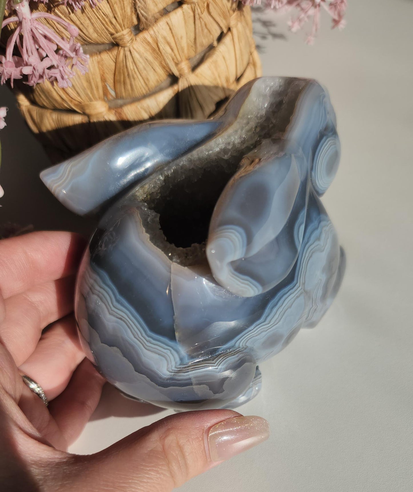 Beautiful hand carved agate bunny with a sparkly amethyst druzy, natural, amazing banding with orbs/eye, quartz