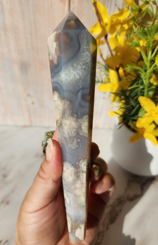 Natural black flower agate wand with stand, has quartz, black chalcedony, a touch of green, and beautiful agate banding from Madagascar
