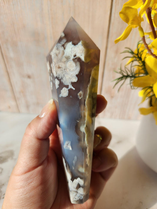 Rare natural black flower agate wand with green flower agate, black chalcedony, small sparkly druzy, from Madagascar, stand included