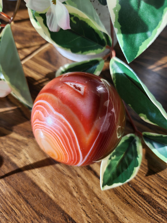 Amazing natural carnelian/sardonyx sphere with beautiful banding, has a druzy  67.2mm