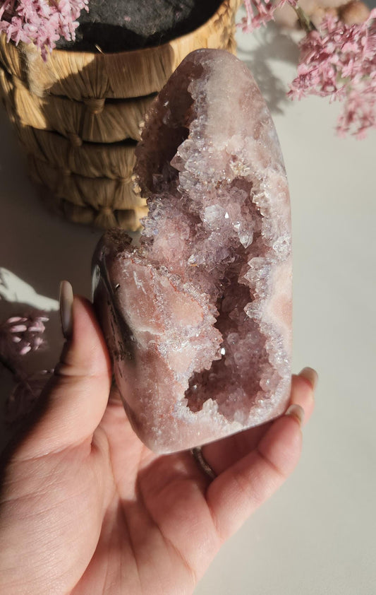 High quality large pink amethyst freefrom with sparkly druzy from Brazil