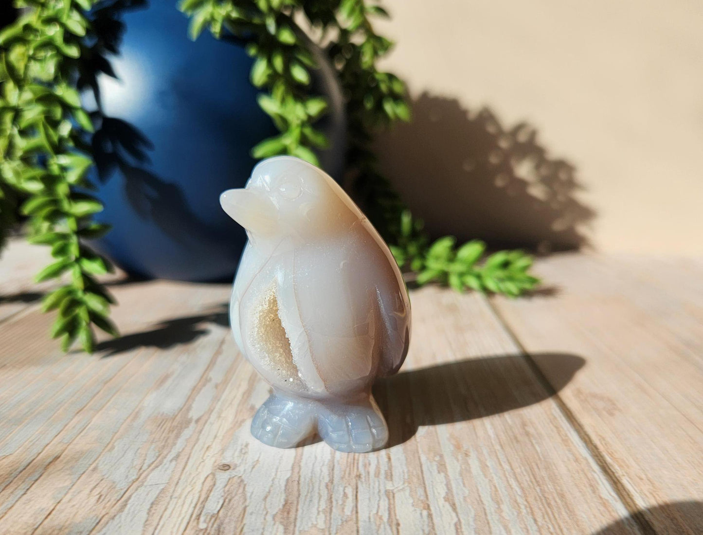 Adorable chubby penguin agate carving with sparkly druzy, natural agate