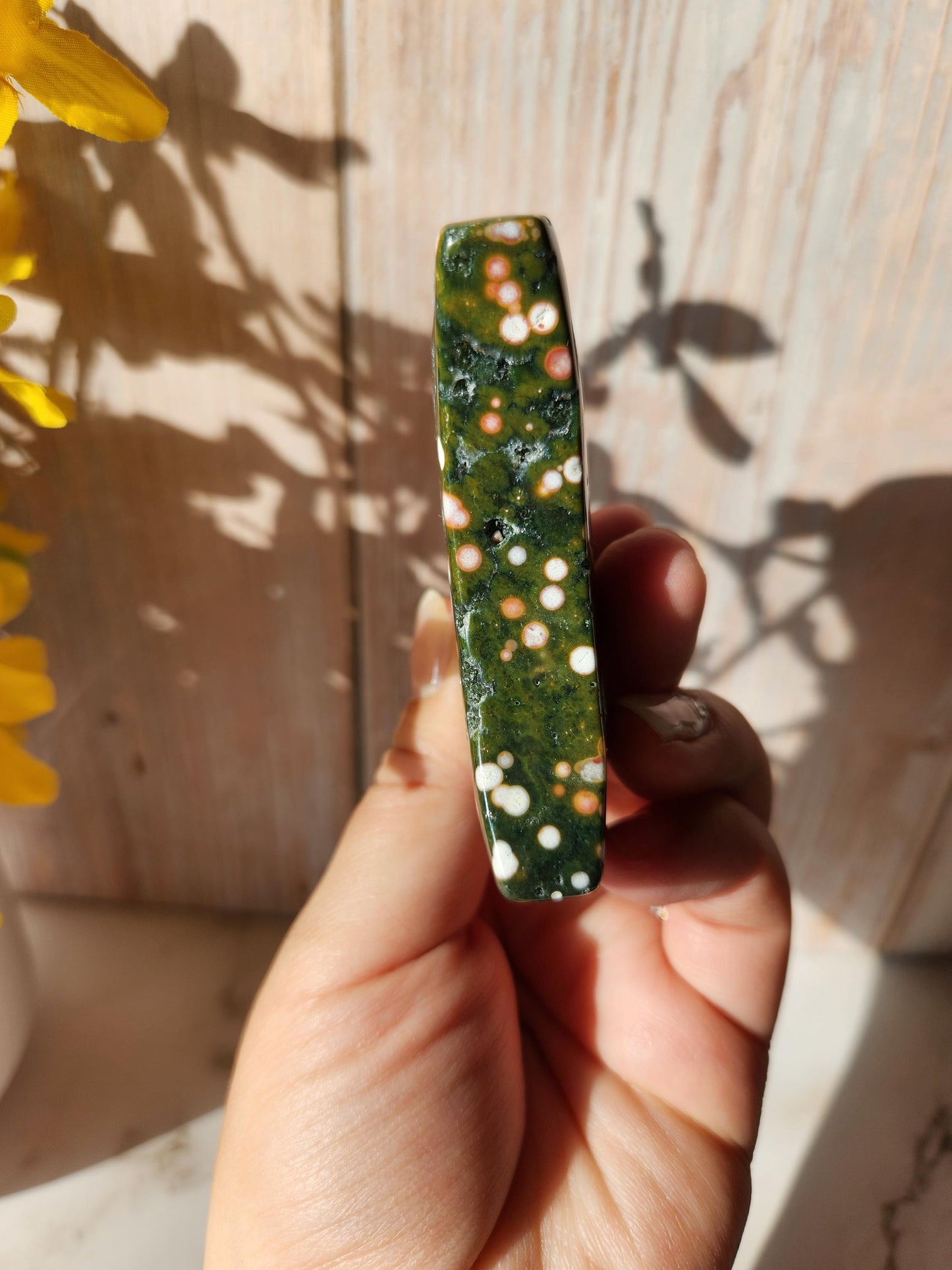 Pretty ocean jasper moon with sparkly druzy and beautiful colors
