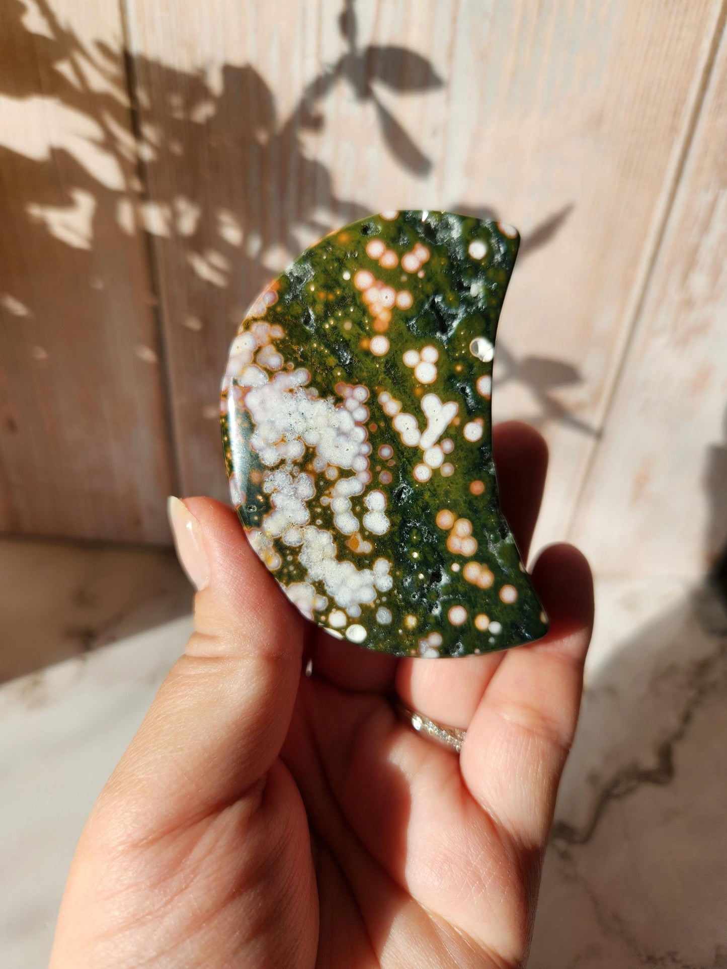 Pretty ocean jasper moon with sparkly druzy and beautiful colors