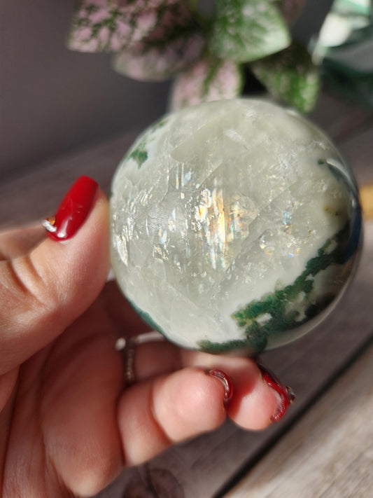 Rare natural moss agate sphere with calcite and beautiful rainbows on the calcite, 62.3mm C1